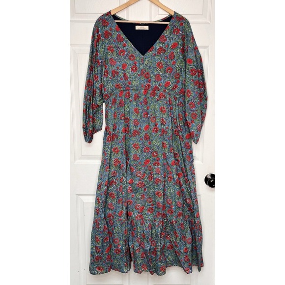 EShakti Women XL-2XL Floral Hand Block Print Dress Adjustable waist Cottagecore - Picture 1 of 12